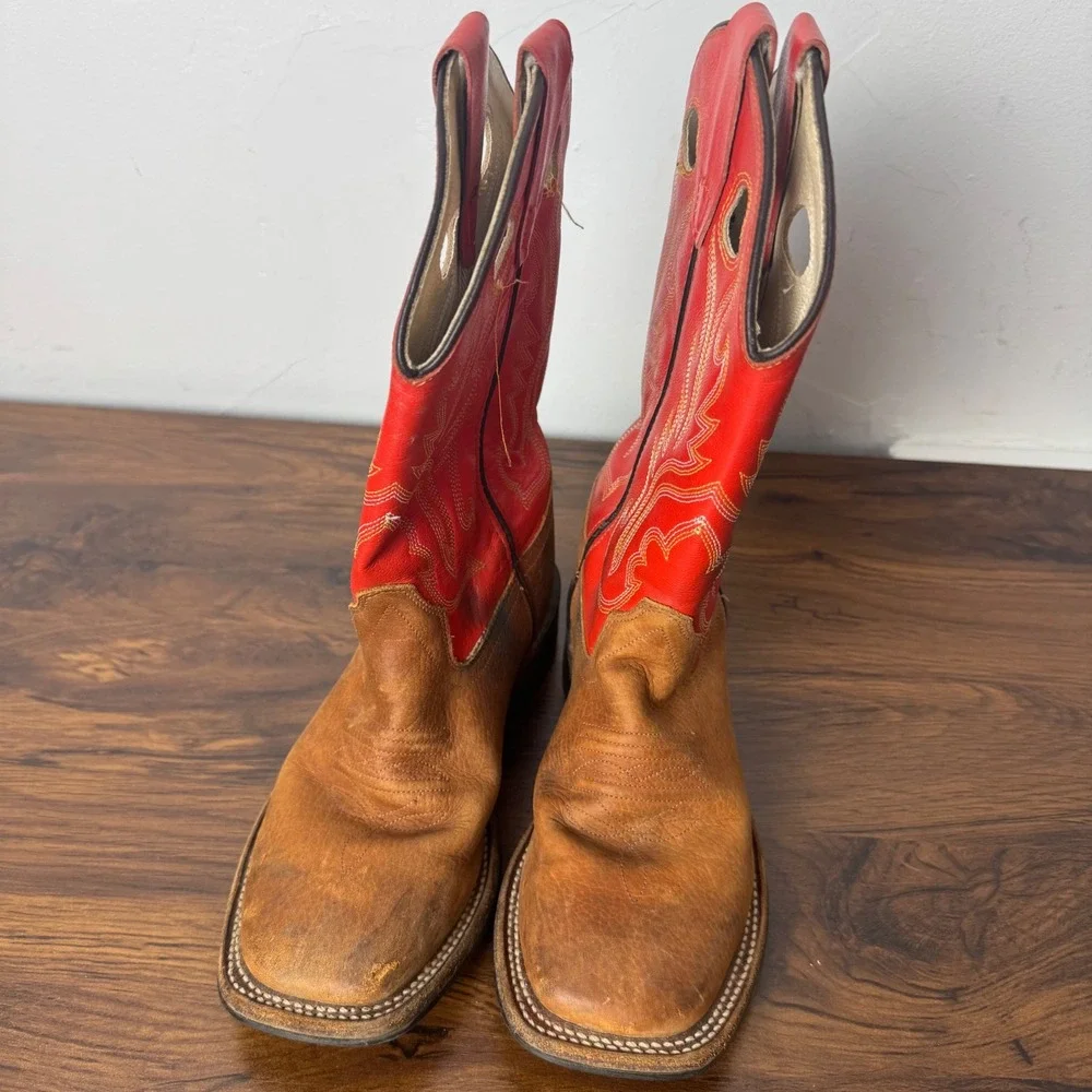 Old West Kids BSY1811 Red and Brown Leather Square Toe Cowboy Boots Size 4
